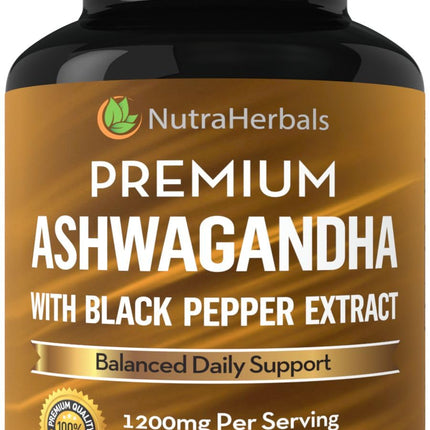 NUTRAHERBALS Ashwagandha Supplement Made with Premium Ashwaganda Root Powder 1200mg with Black Pepper Extract for Increased Absorption - 120 Capsules