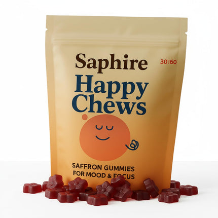 SAPHIRE HAPPY CHEWS Saffron Gummies for Kids | Supports Mood, Calm & Focus | Saffron Extract, Passionflower, St. John’s Wort & GABA | Sugar-Free, Gluten-Free, Vegan, Non-GMO (60 Gummies)