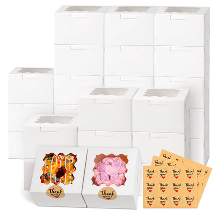 ZYFOTZUN 26pcs White Cookie Boxes with Window, 4x4x2.5 Inch, 36pcs Stickers
