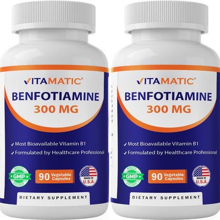 Vitamatic Benfotiamine 300 mg – Fat-Soluble Vitamin B1 – 90 Vegetarian Capsules per Bottle – 2 Bottles (Total 180 Capsules)