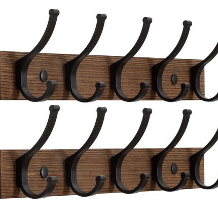 Optish Coat Rack Wall Mount, 16.5 Inches Wood Coat Hooks Wall Mount, Wall Coat Rack with 5 Hooks, Hat Rack Wall Hooks for Hanging Coat, Bag, Towel (2Pack, Brown)