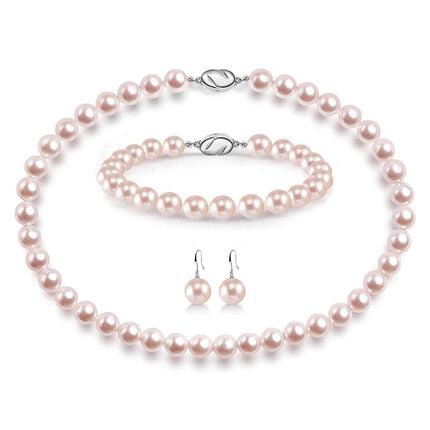 AOOVOO Pink Pearl Necklace Set for Women, 8mm Round Shell Pearl Includes Stunning Bracelet and Dangle Earrings 3 Piece Jewelry, Birthday Wedding Gifts for Her