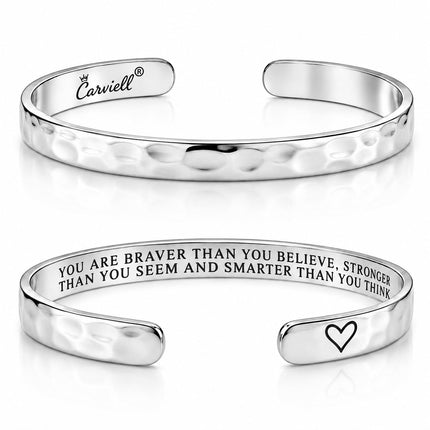 Carviell Inspirational Bracelets for Women, Encouragement Gifts, Women's Bracelets, Mantra Bands You Are Stronger, Motivational Cuff, Gifts for your Best Friend, Engraved Silver Bangle
