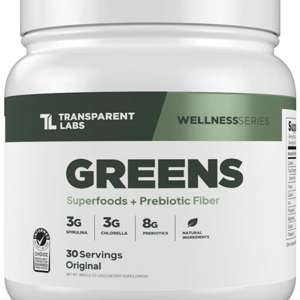 Transparent Labs Prebiotic Greens - Superfood Powder & Antioxidants Supplement with Organic Spirulina, Chloerra, Acacia, & Green Banana Powder - 30 Servings, Unflavored