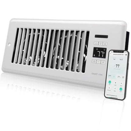 Super Quiet Register Booster Fan for 4" x 10" Register Holes, Smart Register Vent with Dual Intelligent Thermostat and WIFI App Control, Heating Cooling AC Vent Fan (White)