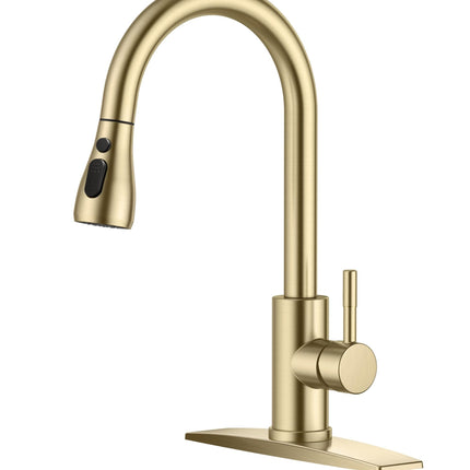 FORIOUS Gold Kitchen Faucet with Pull Down Sprayer, High Arc Single Handle Classic Stainless Steel Sink Faucet 1 or 3 Hole, Suitable for Farmhouse Camper Laundry Rv Bar