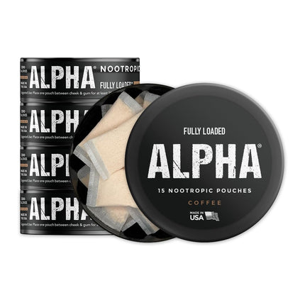 Fully Loaded Alpha Nootropic Pouches (Coffee) - 5 Cans - 15 Pouches per can - Effective Nootropic Delivery, Nic Pouch Replacement - Faster Absorption, Alpha GPC, L-Tyrosine, GABA