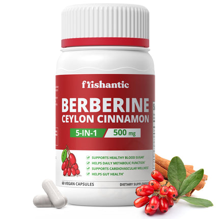 Frishantic 30-Day Supply Berberine with Ceylon Cinnamon, 500mg Berberine Supplement for Blood Sugar Support, Metabolism*, Gluten-Free, Non-GMO & Vegan, 60 Capsules