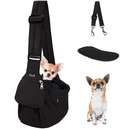 Lukovee Dog Sling Carrier, Hard Bottom Support & Adjustable Soft Padded Shoudler Strap Dog Slings for Small Dogs, Dog Purse with Drawstring Mesh Opening & Zipper Pockets for Puppy Cat Pet (Black-BN)