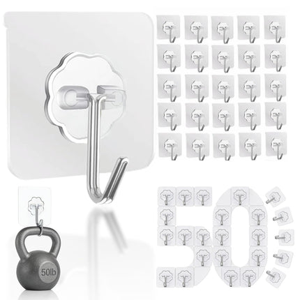 DDMY Hooks for Hanging, 50 Pack Wall Hooks 50lb(Max) Transparent Reusable Waterproof Adhesive Hook for Kitchen Curtain, Towel Hook for Bathrooms, Heavy Duty Self Coat Hook for Walls No Damage