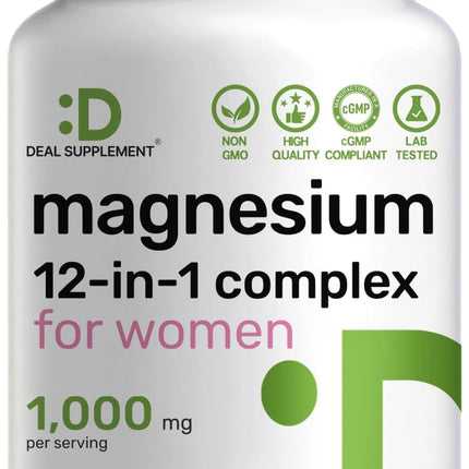 12‑in‑1 Magnesium Complex for Women 1,000 mg, 240 Vegetarian Capsules | Magnesium Glycinate, Citrate, Malate, Taurate, Orotate, Oxide & More | Chelated & Purified for Better Absorption