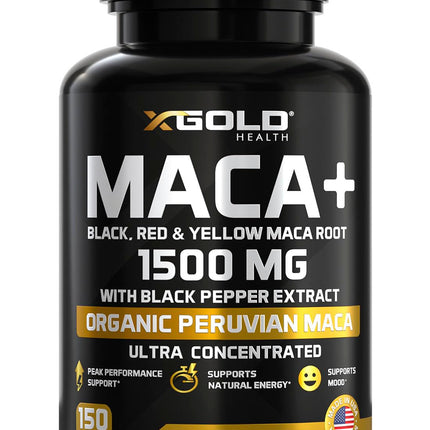 X Gold Health Maca Root 1500mg for Energy & Libido – Organic Peruvian Black, Red & Yellow Maca Blend – Hormone Balance & Vitality Support for Men & Women – Vegan, Non-GMO, 150 Capsules