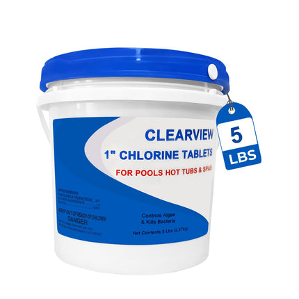 ClearView Stabilized Chlorine Tablets 1 Inch 5 Lbs for Pools, Slow-Dissolving 1" Chlorinating Tablets Sanitizer for Spas and Hot Tubs, Control Algae & Kills Bacteria