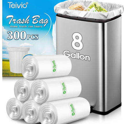 8 Gallon 300 Counts Unscented Medium Trash Bags,Fit 7,8,9,10 Gal Garbage Bags by Teivio, 30 Liter Thick Bathroom Can Bin Liners,Plastic Bags for Home Office Kitchen, Clear