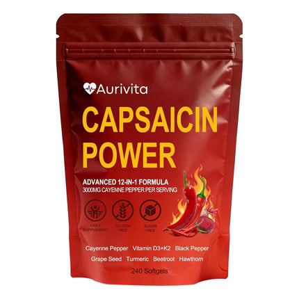 OFHOFH Aurivita Capsaicin Power - Cayenne Pepper Softgels Supplement, Digestive & Gut Health, with Vitamin D3+K2, Beetroot, Grape Seed and Other Extracts, 240 Capsules (1)
