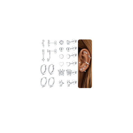 THUNARAZ 10 Pairs Sterling Silver Stud Earrings for Women Silver Hoop Set