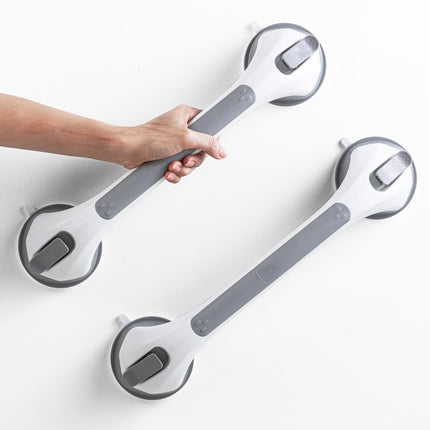 LEVERLOC 2 Pack Shower Grab Bars for Bathtubs and Showers, Easy to Install Suction Shower Handles for Bathroom Removable Handrails for Seniors Elderly Heavy Duty Safety Grip Waterproof Drill Free Gray