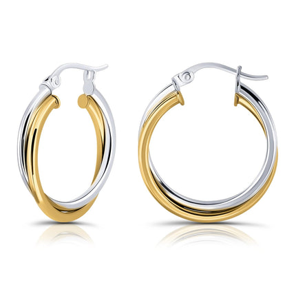 Hoops & Loops 925 Sterling Silver Intertwined Round Hoop Earrings for Women, Two-Tone Layered Trendy Double Square-Tube Hypoallergenic Click-Top Hoops, 20mm - Two-Tone Silver & Yellow Gold