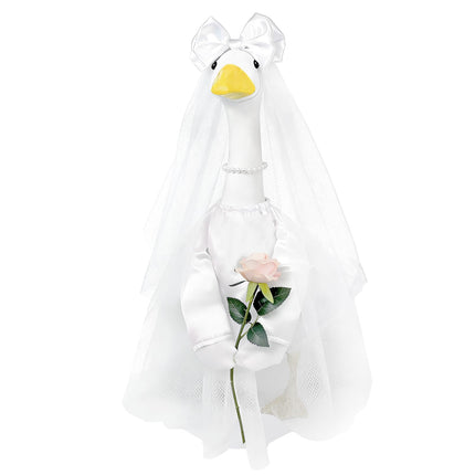 Bride Porch Goose Outfit, 3 Pcs Wedding Goose Clothes with Bow Headband, Pearl Necklace & Rose Dress, Cute Bridal Goose Costume Fits 23 Inch Lawn Statue for Yard Patio Garden Wedding Decor