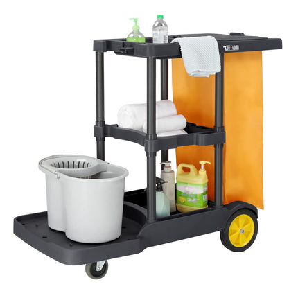 TUFFIOM Extra Large Commercial Traditional Cleaning Janitorial 3-Shelf Cart, 500 Lbs Capacity Housekeeping Cart, 42.5" L x 18.7" W x 37.6" H, Wheeled with 22 Gallon Yellow VinylBag Cover w Lid, Black