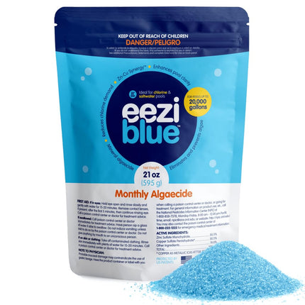 Eeziblue Monthly Algaecide for Swimming Pool — Patented Zn-Cu Synergy™, Treats Green, Black & Mustard Algae, Inground & Above Ground Pools, Up to 20,000 Gallons, Pre-Measured Dose