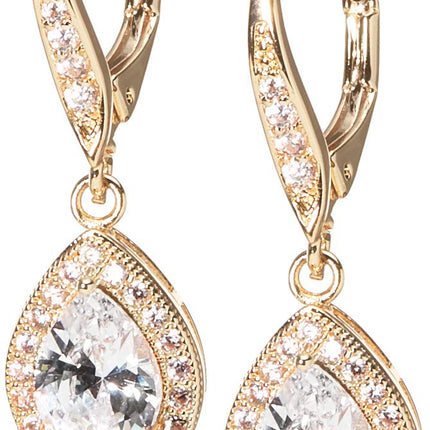 Anne Klein Gold Tone Cubic Zirconia Pear Shape Leverback Drop Earrings for Women – Clear CZ Pave Halo Dangle Earrings, Elegant Gold Fashion Jewelry