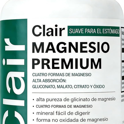Clair Magnesio Premium, Clair Magnesio, Ingredientes sin OGM, Sin Gluten ni SOJA, Apto para veganos. 90 cápsulas. (1 artículo)