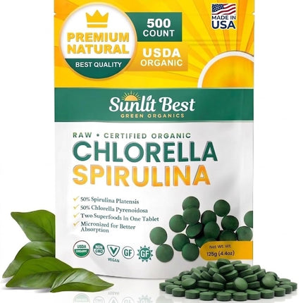 Sunlit Best Chlorella Spirulina Tablets - Organic USDA, Premium Spirulinas and Chlorella Capsules 500 Pills - Chlorellas Natural Superfood with Spirulina Algae, Enzymes Chlorophyll & Vegan Protein