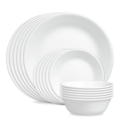 Corelle Vitrelle 18-Piece Service for 6 Dinnerware Set Triple Layer Glass and Chip Resistant, Lightweight Round Plates and Bowls Set, Winter Frost White