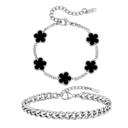 VNOX 2 PCS Floral Bracelets for Men Women -Womens Mens Stainless Steel Silver Cuban Chain Link Bracelet Lucky Charm Four Clover Flower Bracelets Trendy Jewelry Gifts, S01