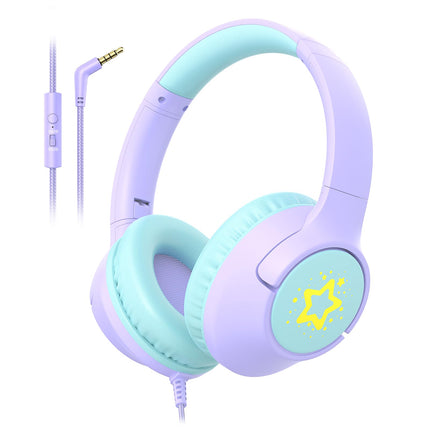 Kids Wired Headphones for School, 85/94 dB Volume Limit, Wired Over Ear Headphones for Girls Kids with Microphone, Foldable Stereo Sound 3.5mm Wire Cord for Kindle Tablet Airplane Travel, Purple