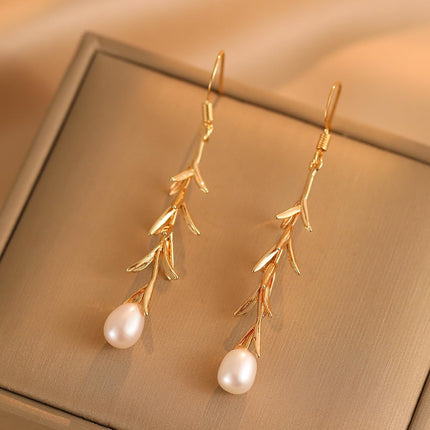 JaruJaru Elegant Freshwater Baroque Pearl Drop Earrings, Real Naturally Cultured Pearls, Long Dangle Earrings for Women, 18K Gold-Plated, Unique Jewellery Gift for Her (Gold Willow Leaf)