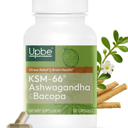 Upbe Ashwagandha Supplements for Women & Men - KSM-66® with Bacopa & Milk Thistle, 60 Vegan Capsules - Stress Relief, Mood, Cortisol Support, Extra Strength Ashwagandha Capsules