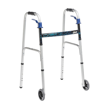 Drive Medical Trigger Release Folding Walker - Lightweight Brushed Steel Design - Easy Trigger Folding Mechanism - 5 Inch Wheels - Contoured Hand Grips - Senior Mobility Aid