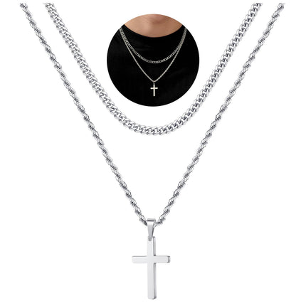 Yooblue Cross Necklace for Men, Mens Necklace Silver Layered Rope Chain Cross Pendant Simple Necklace Jewelry Gifts Dainty Cross Chain Necklace for Men 22 24 Inch Mens Gifts