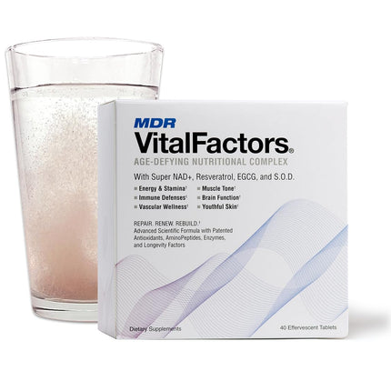 MDR VitalFactors NAD+ Anti-Aging Drink Mix – Doctor Formulated Effervescent Tablets with Resveratrol, SOD, B12 & D3 – Supports Energy, Cellular Health & Vitality – 40 Tablets, Trusted Since 1984