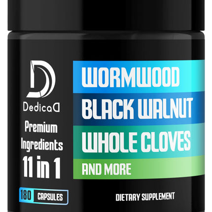 DEDICAD 11in1 Wormwood Capsules - 180 Capsules Extracted from Black Walnut, Cloves, Ginger, Turmeric, Apple, Berberine HCl & More - Support Immune System for 3 Months
