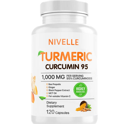 NIVELLE Turmeric Curcumin | Pure Turmeric Curcumin Supplement 1000mg | 95% Curcuminoids with Bee Propolis, Ginger, MCT Oil, Fat Soluble Vitamin C, & Black Pepper | 120 Capsules (1)