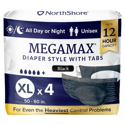NorthShore MegaMax 12-Hour HBL Adult Diapers for Heavy Bladder Leaks, X-Large, 4 Count, Black, 50-60 inches, Tab-Style Incontinence Underwear for Men, Women & Teens