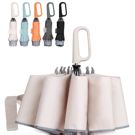 QWB TUMAAOTU Inverted Umbrella with Carabiner Handle, Compact Wind Proof Umbrellas For Rain and Sun Protection, Portable Reverse Folding Umbrella, Car Umbrella for Women Men, 10 Ribs (beige)