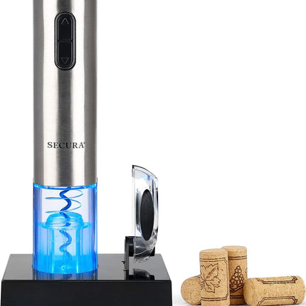 Secura Electric Wine Opener, Automatic Electric Wine Bottle Corkscrew Opener with Foil Cutter, Rechargeable (Stainless Steel)