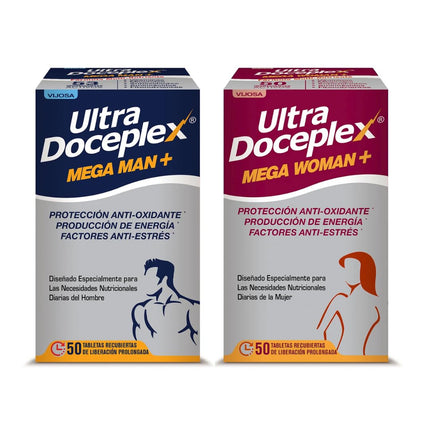 VIJOSA Ultra Doceplex Mega Man+ & Mega Woman+ – Antioxidant, Energy Boost, Stress Relief – 50 Prolonged-Release Tablets Each – Tailored Daily Nutrition for Men and Women