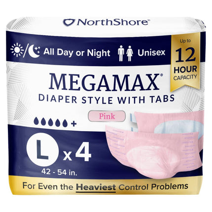 NorthShore MegaMax 12-Hour HBL Adult Diapers for Heavy Bladder Leaks, Large, 4 Count, Pink, 42-54 inches, Tab-Style Incontinence Underwear for Men, Women & Teens