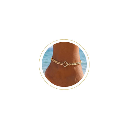 Gold Ankle Bracelets for Women, Waterproof Gold Plated Clover CZ Anklet
