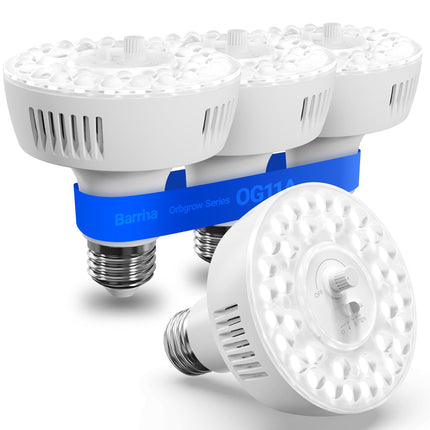 Barrina Orbgrow OG11A Grow Light Bulbs for Indoor Plants, Integrated Dimming & Timing, 5000K 44W(4 x 11W, 400 Watt Equiv), E26 Plant Light Bulb, Full Spectrum for Seeds and Greens, 4 Packs, White