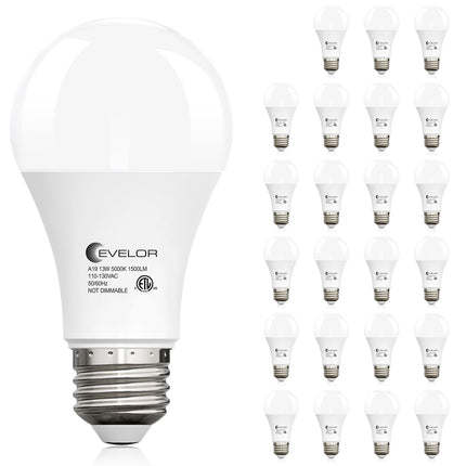 evelor 24-Packs A19 LED Light Bulbs,100 Watt Equivalent Daylight 5000K Bright Bulbs Efficient 13W,1500 Lumens E26 Base, Non-Dimmable, 15000-Hour Lifespan for Bedroom, Living Room, Office