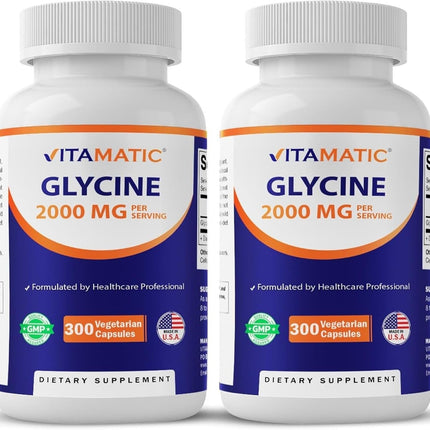 Vitamatic Glycine Supplement, 2000mg Per Serving, 300 Count, Non-GMO, Gluten Free- 2 Pack