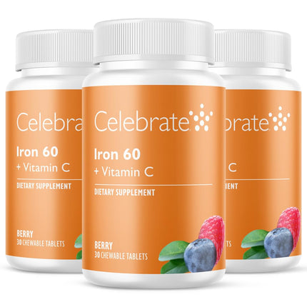 Celebrate Vitamins Iron Supplement with 60mg Iron & Vitamin C – Berry Chewables for Bariatric Patients, Gastric Bypass & Sleeve Gastrectomy Support – 30 Tablets for Post-Surgery Health Maintenance