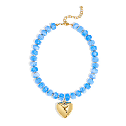 WOWORAMA Chunky Heart Necklace for Women Light Blue Resin Beaded Necklaces with Puffy Heart Pendant Chunky Statement Necklace Boho Trendy Summer Jewelry