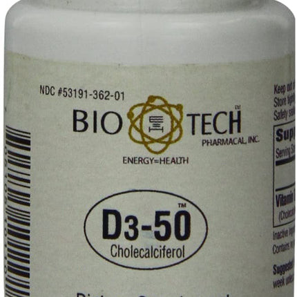 Bio-Tech Pharmacal D3-50 50,000 IU, 100 Capsules Ð All-Natural Supplement Ð Supports Bone, Heart Neuromuscular, & Immune Health Ð No Dairy, Fish, Gluten, Peanut, Shellfish, & Soy